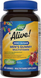 Nature’s Way Alive! Zero Sugar Men's Gummy Multivitamins, Energy Metabolism*, Muscle Function*, B-Vitamins, No Sugar Alcohols, Plant-Based Sweeteners, Peach Flavored, 80 Gummies