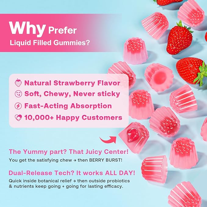 Feminine Balance Gummies for Women, Premium Ph Balance Gummies with Probiotic for Vaginal Flora Balance, Immune Support Supplement, Gluten-Free, Strawberry Flavor with Liquid Filled, 120 Count