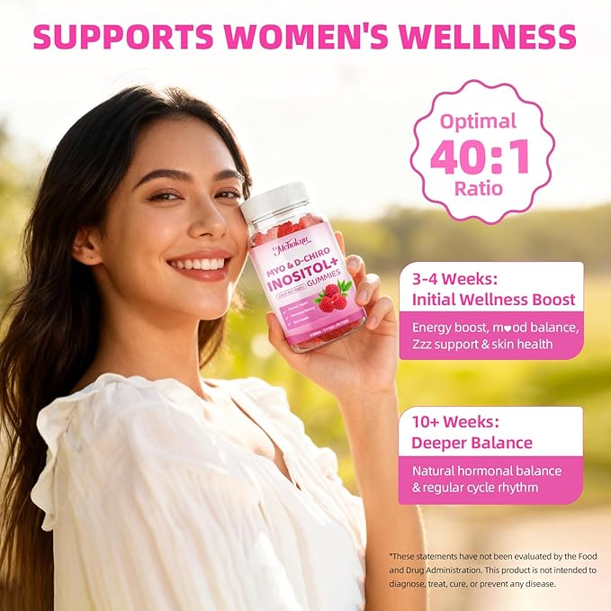 Myo-Inositol & D-Chiro Inositol Gummies, Ideal 40:1 Ratio Supplement for Women with Vitamin D3 & B12 for Support Hormonal Balance & Wellness, Sugar Free, Raspberry, 120 Count
