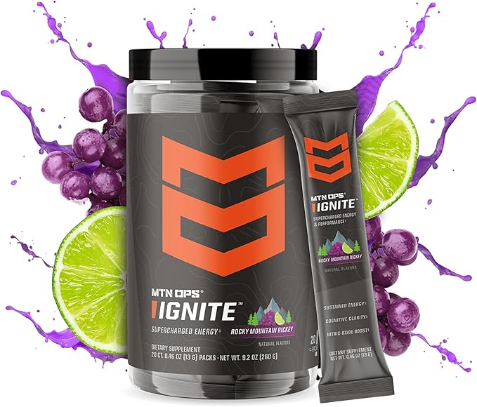 MTN OPS Ignite Sugar Free Energy Drink Powder Trail Packs with 200mg Caffeine, Travel Pre Workout Packets for To-Go Energy, Nootropic Blend, L Arginine & Citrulline, 20 Servings, Rocky Mountain Rickey