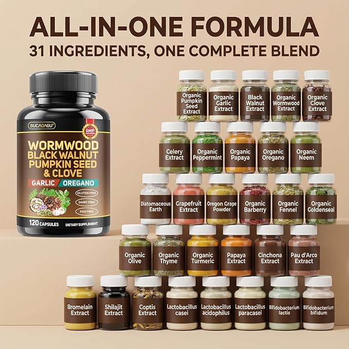 Wormwood Black Walnut Clove Cleanse for Humans - Natural Gut Cleanse & Digestive Health with Pumpkin Seed Garlic Oregano Neem Papaya Turmeric Diatomaceous Earth Probiotic Supplement Vegan Capsules