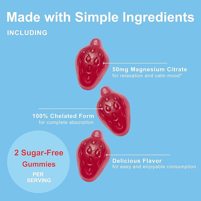 Kids Magnesium Gummies for Age 2+, 120 Count | Sugar Free Strawberry Flavor | Calm Magnesium Citrate Gummies for Sleep, Relaxation, Muscle, Bones, & Mood Support* | Non-GMO, Gluten Free