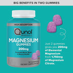 Qunol Magnesium Gummies for Adults, 200mg Elemental Mg (from 1,750mg Magnesium-Citrate),High Absorption Mg-Supplement,Supports Nerve,Bone & Muscle Health,Vegetarian,120 Count(Pack of 2)