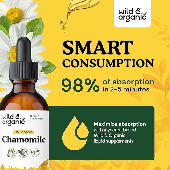 Wild & Organic Chamomile Tincture - Add to Tea for Relaxation Support - 500 mg Chamomile Flowers Drops - Mood Support Herbal Supplement - 28-Day Supply - Vegan, Sugar & Alcohol-Free - 2 fl oz