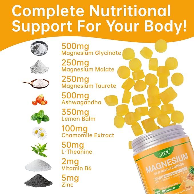 Magnesium Glycinate Gummies 500mg – Sugar Free Magnesium Gummies for Sleep, Stress, Muscle & Nerve Support – for Adults & Kids 4+, Vegan, No Melatonin (Pineapple Flavor, 60 Count)