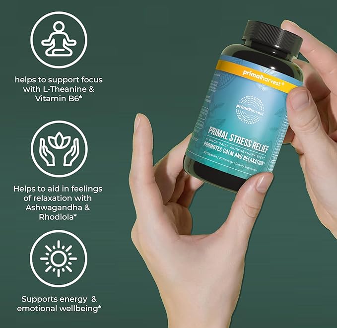 Primal Harvest Stress Relief Supplement for Women and Men Pure Ashwagandha Root Extract, L-Theanine Supplements, 60 Capsules