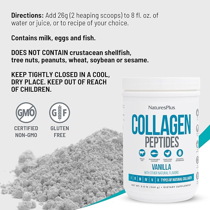 NaturesPlus Collagen Peptides, Vanilla - 0.8 lb Powder - Hair, Skin, Nail & Joint Health, Immune System Support - Non-GMO, Gluten Free - 14 Servings