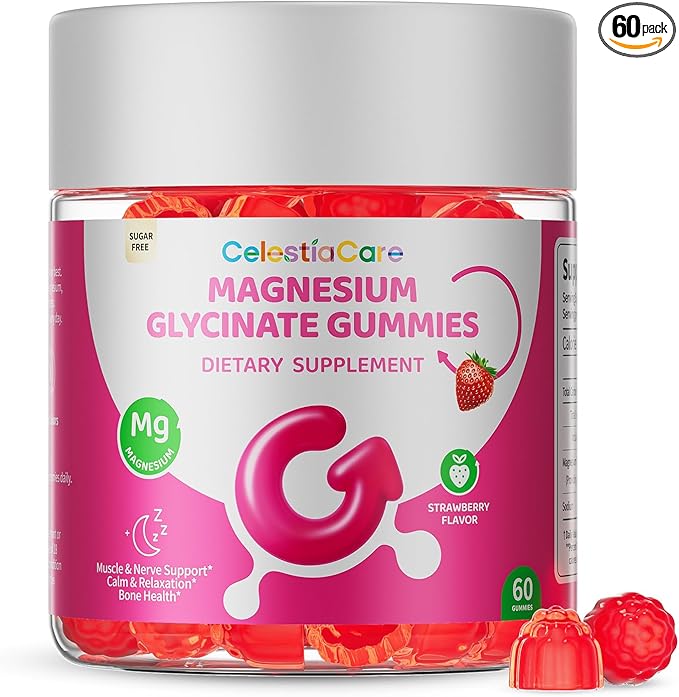 Magnesium Glycinate Gummies, High Absorption, Muscle & Nerve Support, Calm & Relaxation, Bone Health, Zero Sugar, Vegan, Gluten Free, 60 Count