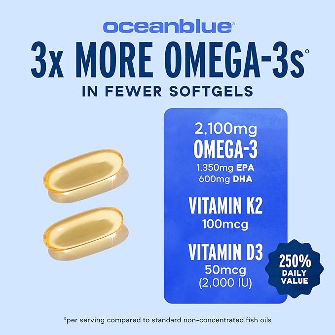 Oceanblue Professional Omega-3 2100 with Vitamin K2 and Vitamin D3-60 Count - Triple Strength Burpless Fish Oil Omega-3 Supplement with EPA, DHA & DPA - Wild Caught - Orange Flavor, 30 Servings