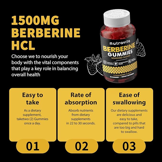 Nutravita Berberine Gummies with Ceylon Cinnamon 1500mg High Potency Berberine HCL Supplement for Immune and Metabolism Support, Sugar Free Organic Berberine Gummies Strawberry Flavor-2PACK