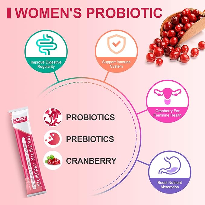 Women's Probiotic Powder - 120 Billion CFUs, 20 Strains, Cranberry Extract & 3 Prebiotics, Help for Immune Booster, Digestive Health, Vaginal & Urinary Health, 40 Packets
