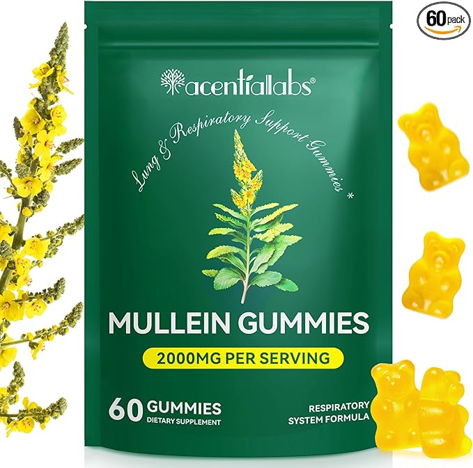 NIFEISHI Mullein Gummies for Lungs, 2000mg Mullein Leaf Extract for Respiratory & Digestive & Immune Support, Natural Herbal Supplement, Pear Flavor Gummies 60 Gummies
