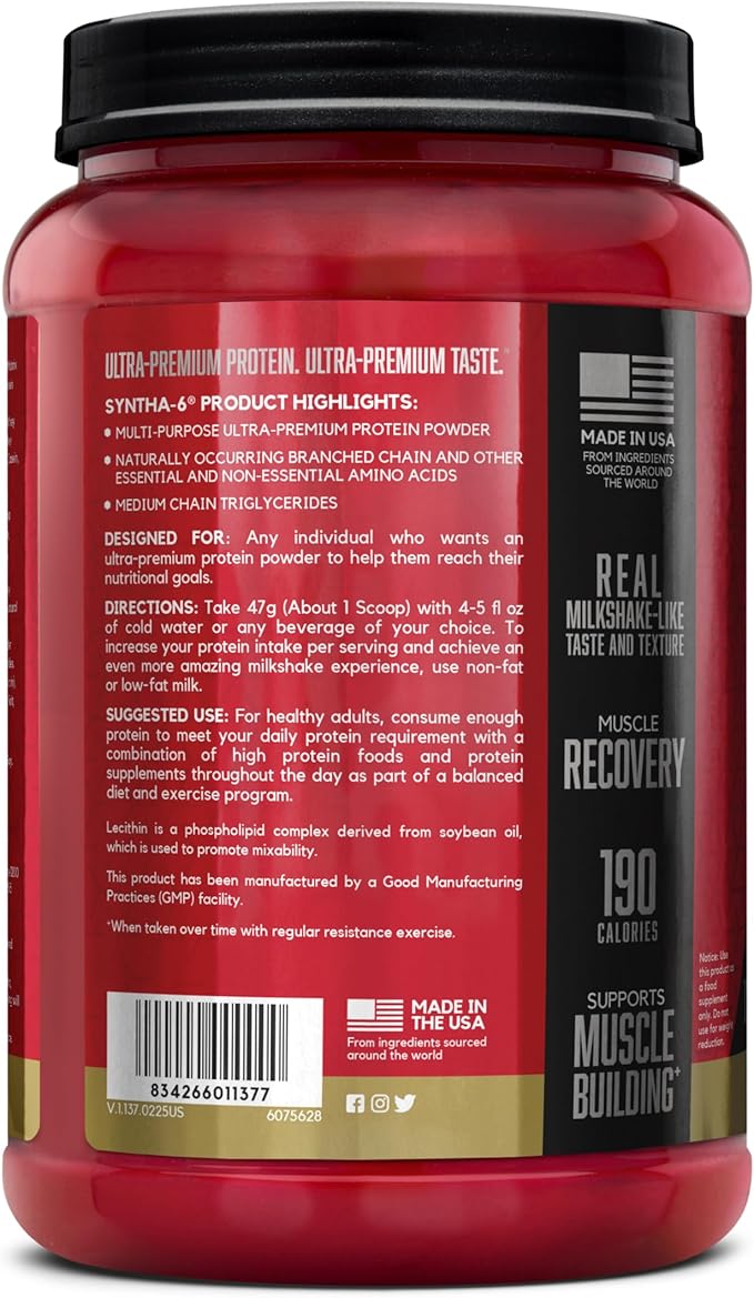 BSN SYNTHA-6 Premium Protein Powder with 6g of Fiber, Whey Isolate, Micellar Casein, Milk Protein Isolate, 5g of Fat, Vanilla Ice Cream, 14 Servings, 1.45 Pound (Packaging May Vary)
