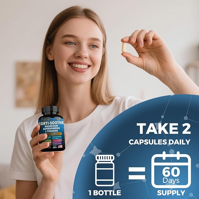 Corti-Soothe Cortisol Supplement for Women and Men with Magnesium Glycinate 200mg, L-Theanine 150mg, Phosphatidylserine 50mg & Manager Holy Basil Ginkgo Biloba Bacopa Monnieri Valerian 60 Capsules