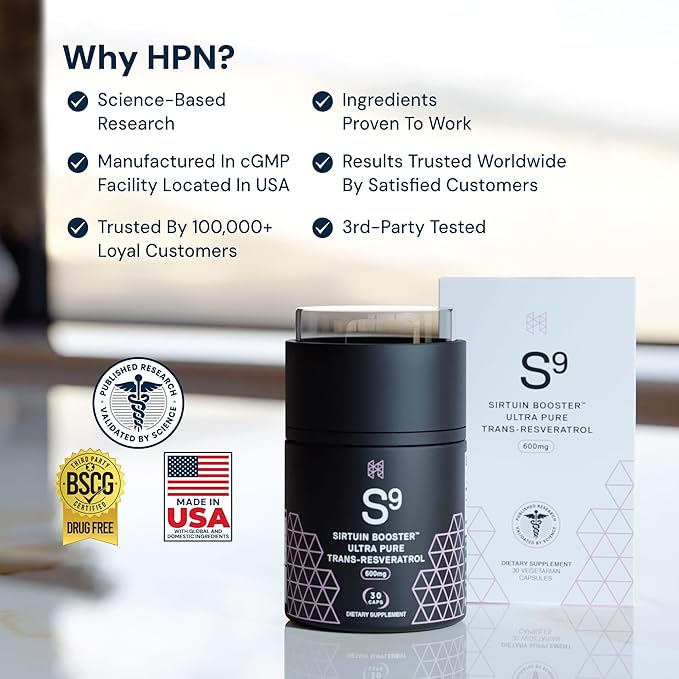 HPN S(9) Sirtuin Booster Ultra Pure Trans Resveratrol Healthy Aging Antioxidant Supplement, High Performance Nutrition, 30 Capsules