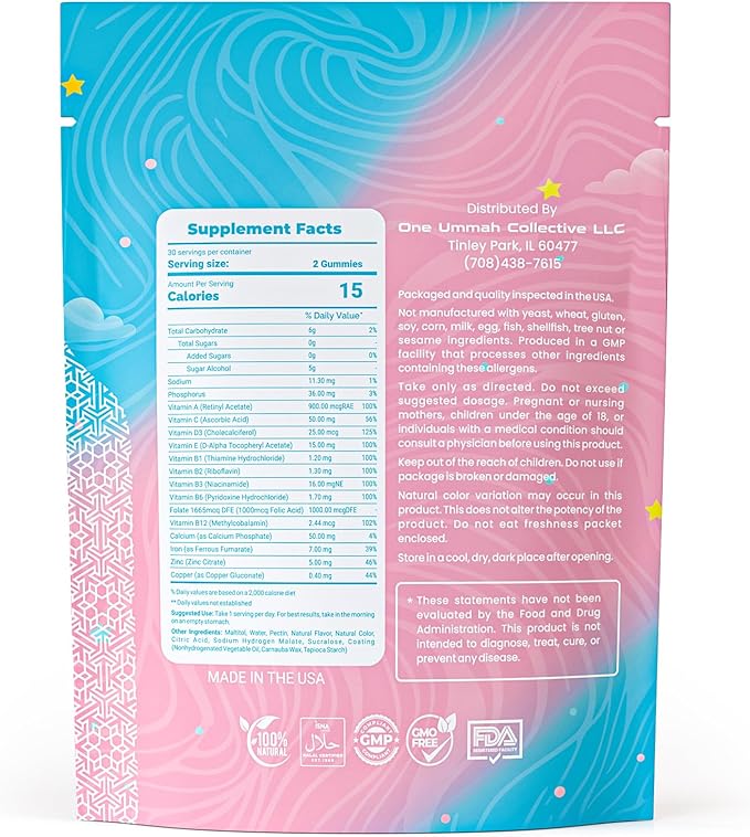 Halal Certified Prenatal Gummies - Essential Vitamins with Folate, DHA/EPA Omega-3, Biotin, & Zinc for Baby’s Development & Mom’s Wellness - Easy Digestion & High Absorption - Tasty Gummy Supplement