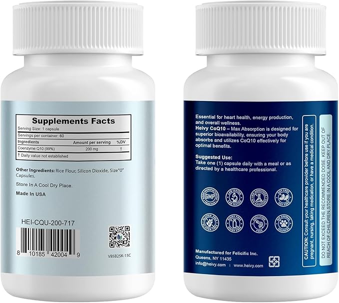 Heivy CoQ10 200mg Per Serving, 99% Purity High Absorption Coenzyme Q10 as Ubiquinone, Support Heart Health, Antioxidants & Energy Supplements, Made in USA, 120 Day Supply, 120 Capsules