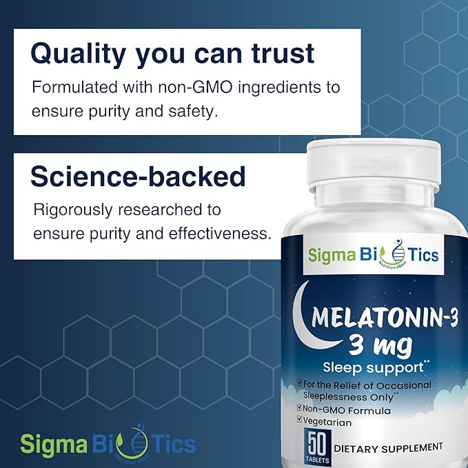 Sigma Biotics Melatonin 3mg Chewable Tablets - Sleep Supplement for Optimum Rest & Sleep-Wake Cycle - Non-GMO Melatonin Pills - Ideal for Occasional Sleeplessness - 3mg Dose, 50 Tablets
