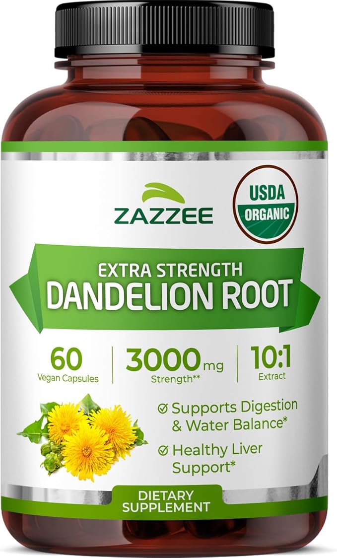 Zazzee USDA Organic Dandelion Root 10:1 Extract, 60 Capsules, 2 Month Supply, Liver & Detox Support, Taraxacum Officinale, Organic Herbal Supplement, All-Natural, Non-GMO, Made in the USA