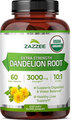 Zazzee USDA Organic Dandelion Root 10:1 Extract, 60 Capsules, 2 Month Supply, Liver & Detox Support, Taraxacum Officinale, Organic Herbal Supplement, All-Natural, Non-GMO, Made in the USA