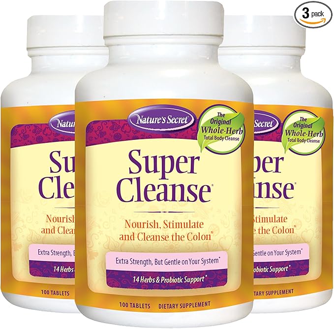 Nature’s Secret Super Cleanse - Extra Strength Colon Cleanse with 14 Herbs & Probiotic Support - Promotes Gut Health Detox Cleanse & Digestive Support Gentle Elimination Formula - 100 Tablets (3 Pack)