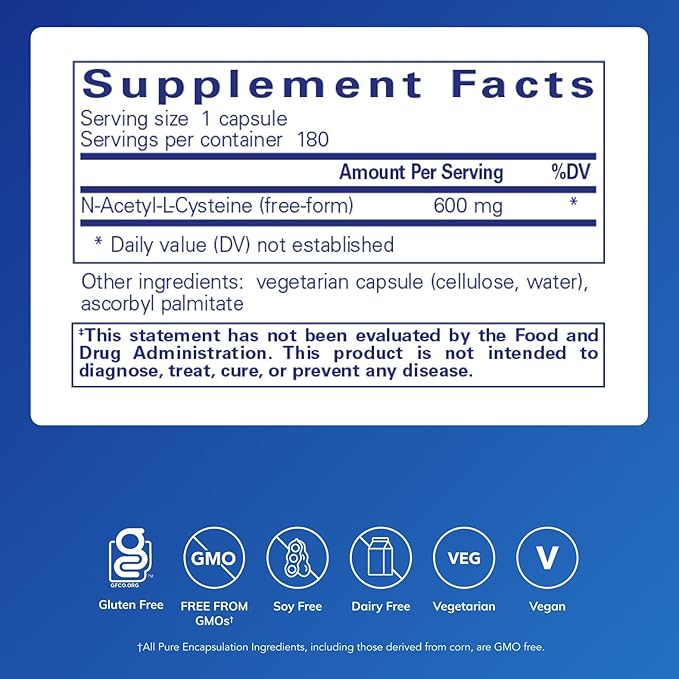 Pure Encapsulations NAC 600 mg - N-Acetyl Cysteine NAC Supplement for Lung Health & Immune Support, Liver Support & Antioxidants* - with Freeform N-Acetyl-L-Cysteine - 180 Capsules