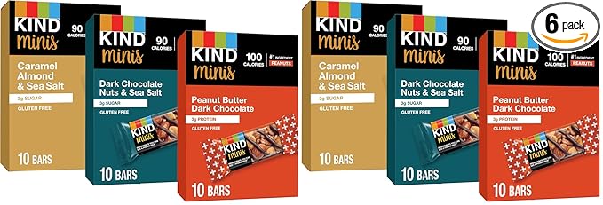 KIND Bar Minis,Variety Pack,Dark Chocolate Nuts and Sea Salt,Peanut Butter,Caramel Almond,Healthy Snacks,3g Protein,Gluten Free,Low Sugar/Calorie Snacks,(Pack of 60)