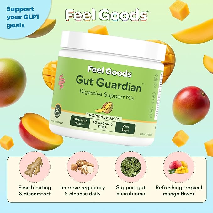 Feel Goods Gut Guardian, Gut Health Powder Drink Mix - Probiotic Fiber Powder with Prebiotics & L Glutamine for Digestive Health, Bloating Relief & Digestion Support - Zero Sugar & Organic Flavor