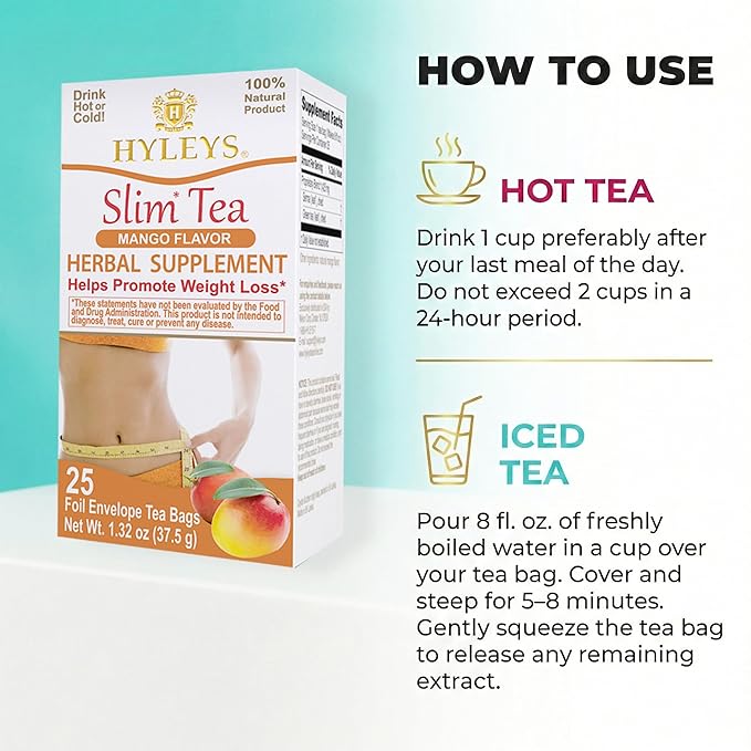 Hyleys Slim Tea Mango Flavor - Weight Loss Herbal Supplement Cleanse and Detox - 25 Tea Bags (12 Pack)
