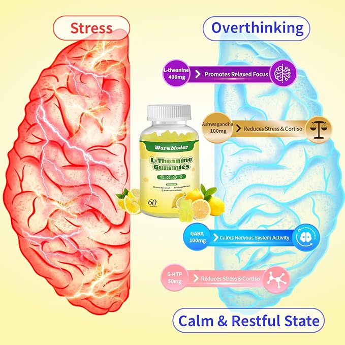 L-Theanine Gummies for Kids & Adults, l'theanine 400mg with Ashwagandha, GABA, 5HTP,L-Theanine Chewable Supplement for Relax, Zzz & Focus Support,Lemon Flavor