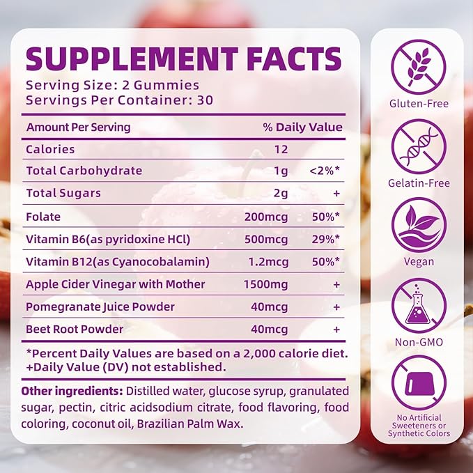 Keto ACV Gummies, Organic Apple Cider Vinegar Gummies Sugar Free: Apple Cider Vinegar with Mother, Vitamin B12 & B6, Gut Health, Metabolism, Gluten Free & Vegan, Beet Root - 60 Count