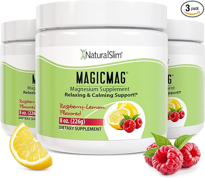 NaturalSlim Magicmag Pure Magnesium Citrate Powder Stress, Constipation, Muscle, Heart Health, and Sleep Support | Raspberry Lemon Magnesium Supplement - 8oz Drink Mix (3 Pack)