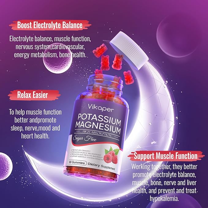 Potassium Magnesium Gummies 1200 mg for Adults Sugar-Free High Absorption Magnesium Glycinate Supplement,Supports Leg Cramps,Muscle,Heart Health,Non-GMO Magnesium Gummy Raspberry Flavor 90 Count