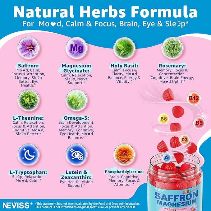 Saffron +Magnesium Glycinate +Omega-3 - Calm Focus Gummies for Kids 4+, Saffron Extract Supplement with L-Theanine, Holy Basil, Rosemary, B6, D3 for Happy Mood, Cognition, ZZz, Sugar Free, 2 Pack