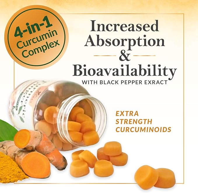 Turmeric Curcumin Supplement Gummies - 95% Curcuminoids with Turmeric & Ginger, Black Pepper for Best Absorption, Nature's Vegan Joint Support, Non-GMO, Gluten Free, Tasty Peach Flavor - 60 Gummies