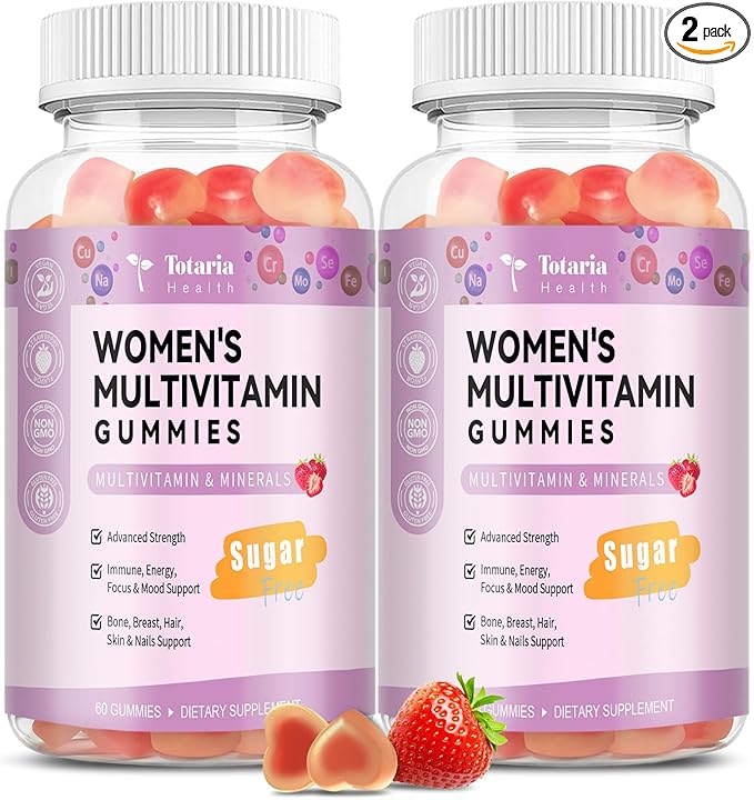 Totaria Sugar Free Multivitamin Gummies for Women 14+ w/Inositol, Iron, Folate, Biotin, Womens Daily Multivitamin Gummy w/Vitamin A, D, C, B, Support Hair, Skin, Energy, Immune, Strawberry Flavor