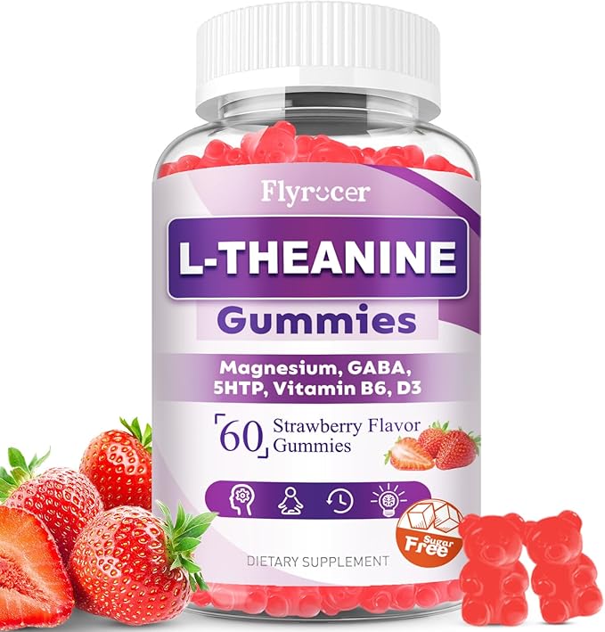 Sugar Free L-Theanine Gummies, L Theanine Supplement for Adults & Kids, L'Theanine with Ashwagandha, Magnesium, 5HTP & GABA - Support Calm, Relax, zzZ, Focus, Vegan Strawberry Flavor, 60 Count