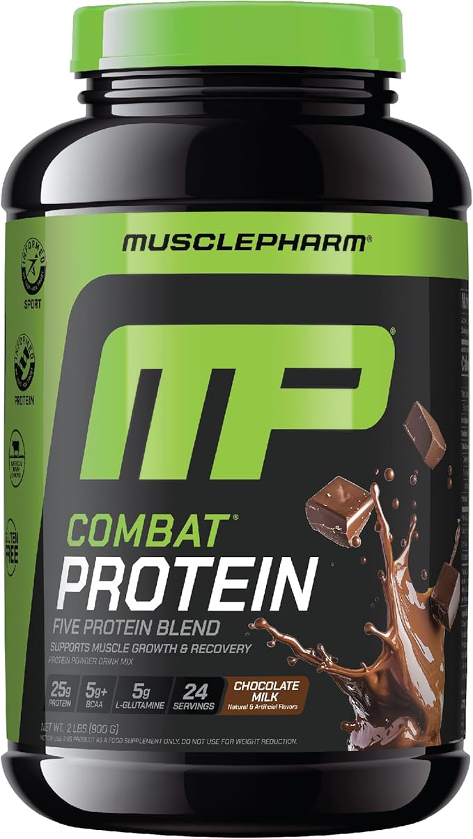 Muscle Pharm Combat Protein Powder, Chocolate Milk Flavor, Fuels Muscles for Productive Workouts, 5 Protein Sources Including Whey Protein Isolate & Egg Albumin, Gluten Free, 2 lb, 24 Servings