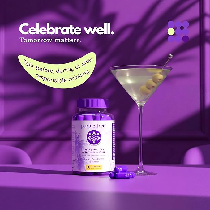 purple tree Post-Celebration Wellness Supplement | Liposomal Dihydromyricetin (DHM), L-Glutathione, Milk Thistle for Liver Support & Hydration | Electrolytes, B Vitamins, Willow Bark | 60 Capsules