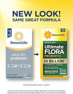 Renew Life Probiotic Adult 50 Plus Probiotic Capsules, Daily Supplement Supports Urinary, Digestive and Immune Health, L. Rhamnosus GG, Dairy, Soy and gluten-free, 30 Billion CFU, 60 Count
