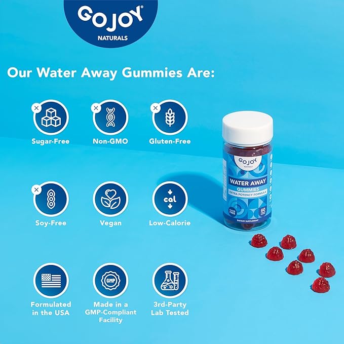 GOJOY Water Away Gummies – Natural Diuretic Support for Water Retention & Hydration Balance – Herbal Formula with Dandelion – 60 Vegan Gummies