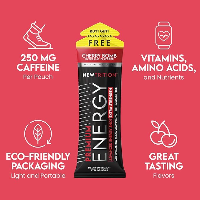 NewTrition® Extra Strength Energy Shots, 1.7 fl oz - 250mg Caffeine with Vitamin B & Amino Acids, Sugar-Free, Zero Calorie Vitamin Energy Drink for Focus & Endurance (Pack of 6, Cherry Bomb)