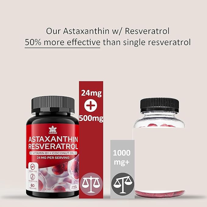 Astaxanthin Supplements 24mg Gummies with Resveratrol, Vitamin B1, Coconut Oil - Algae Organic Antioxidants for Men & Women Healthy Aging, Skin, Eyes, Immune - Vegan, Sugar-Free, Non-GMO, 120 Servings
