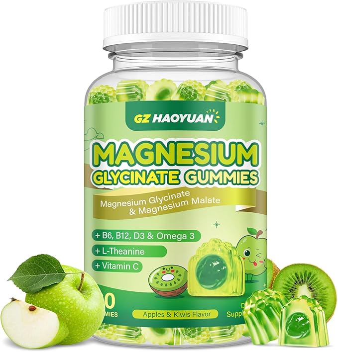 Magnesium Glycinate Gummies for Kids & Adults - Sugar Free Magnesium Malate with L-Theanine, Omega-3, Vitamin D3, B6, B12, C- Sleep, Calm, Relaxation, Brain, Bones, Green Apple & Kiwi，60ct