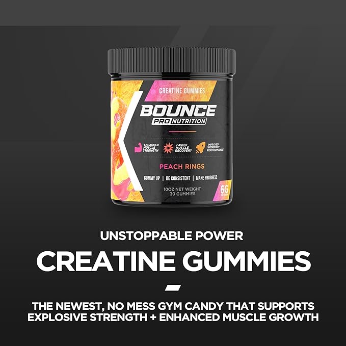 Bounce Pro Creatine Monohydrate Gummies for Men & Women, Low Calorie, 6G of Creatine per Serving, Vegan, Anti-Melting, Gluten-Free, Non-GMO, 2g of Creatine per Gummy (51ct, Peach Rings)