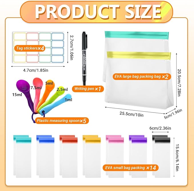 Protein Powder Travel Container Set ,Reusable Protein Powder Supplement Container To Go,14 Pcs Single Dose Bags& 2Pcs Large Zip Bags,Portable Supplement Storage Containers with Spoon , Pen and Labels