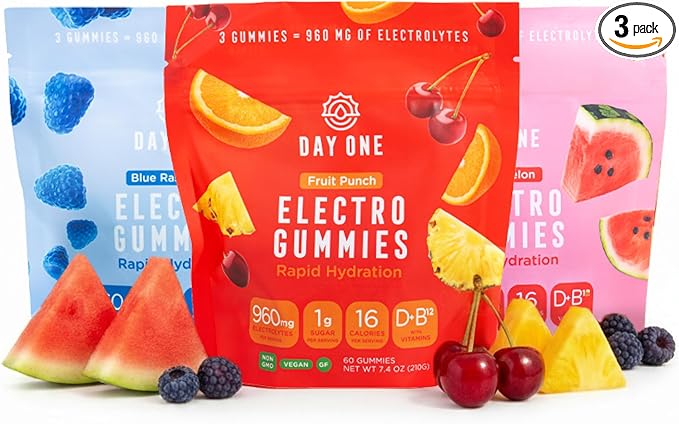 Day One Electrogummies Variety Pack - Fruit Punch, Blue Raspberry & Watermelon Electrolyte Gummies for Runner, Athlete - Hydration Gummies with Electrolytes - Alternative to Powders, Tablets 180 Count