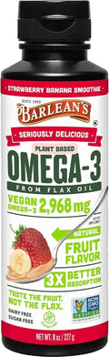 Barlean's Strawberry Banana Flaxseed Oil Liquid, Vegan Omega 3 6 9 Supplements for Kids & Adults from Cold Pressed Flax Seed Oil with 2,968 mg of Vegan Omegas, Non-GMO & Gluten Free, 8 oz