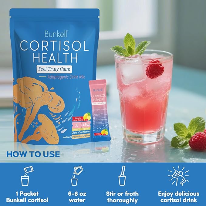 Cortisol Powdered Drink Mix, Made with Magnesium Glycinate, L-Theanine, Ashwagandha & Vitamin D3, Cortisol Supplements for Relaxation, Focus & Calm Support, Raspberry Lemonade Flavor, 30 Ct