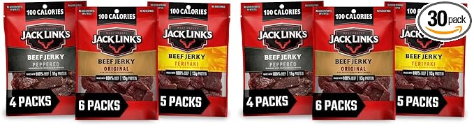 Jack Link's Beef Jerky Variety Pack – Includes Original, Teriyaki and Peppered Jerky, Bulk Protein Snack, Good Source of Protein, Meat Snacks Made with 100% Beef – 1.25 Oz, (Pack of 30)